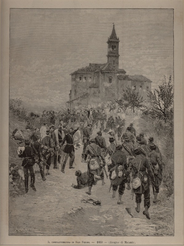 La battaglia dei garibaldini a San Fermo (Co) nel 1859. Lì Nonno Antonio Biondi avrebbe costruito la sua casa (Disegno di Matania)