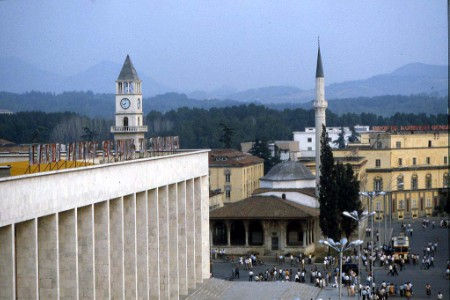 The main square seen from a room in Hotel Tirana