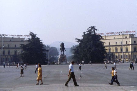 The main square (with Skanderbeg monument) seen from a room in the Hotel Tirana