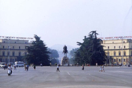 The main square (with Skanderbeg monument) seen from a room in the Hotel Tirana