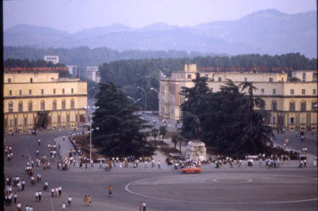 The main square seen from a room in Hotel Tirana