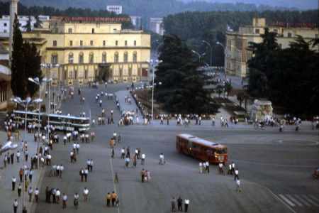 The main square seen from a room in Hotel Tirana