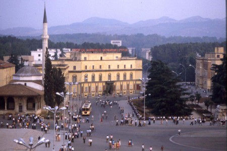 The main square seen from a room in Hotel Tirana